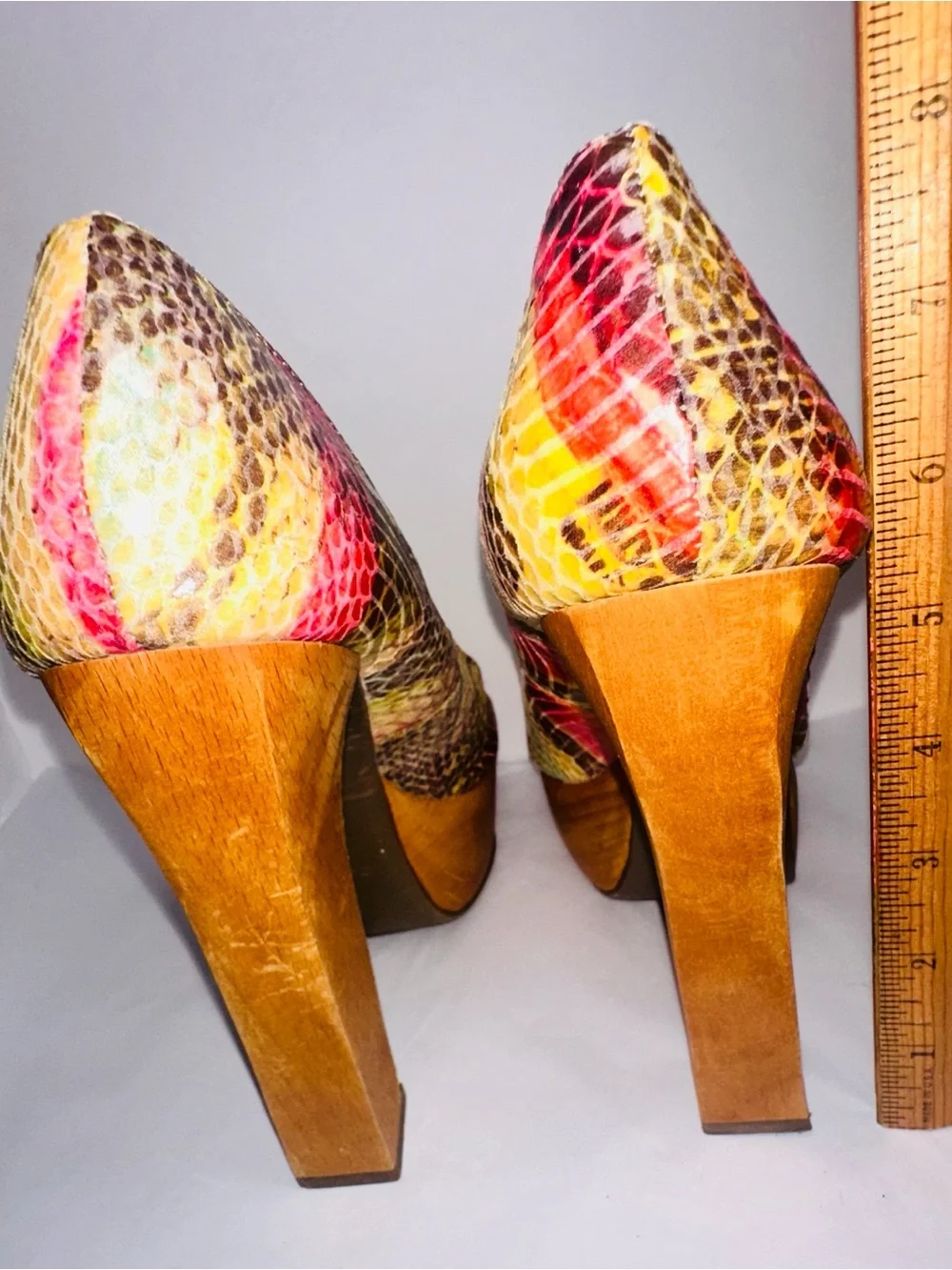 Zigi Soho Yellow Pink Multicolor Snakeskin Peep-Toe Platform Heels